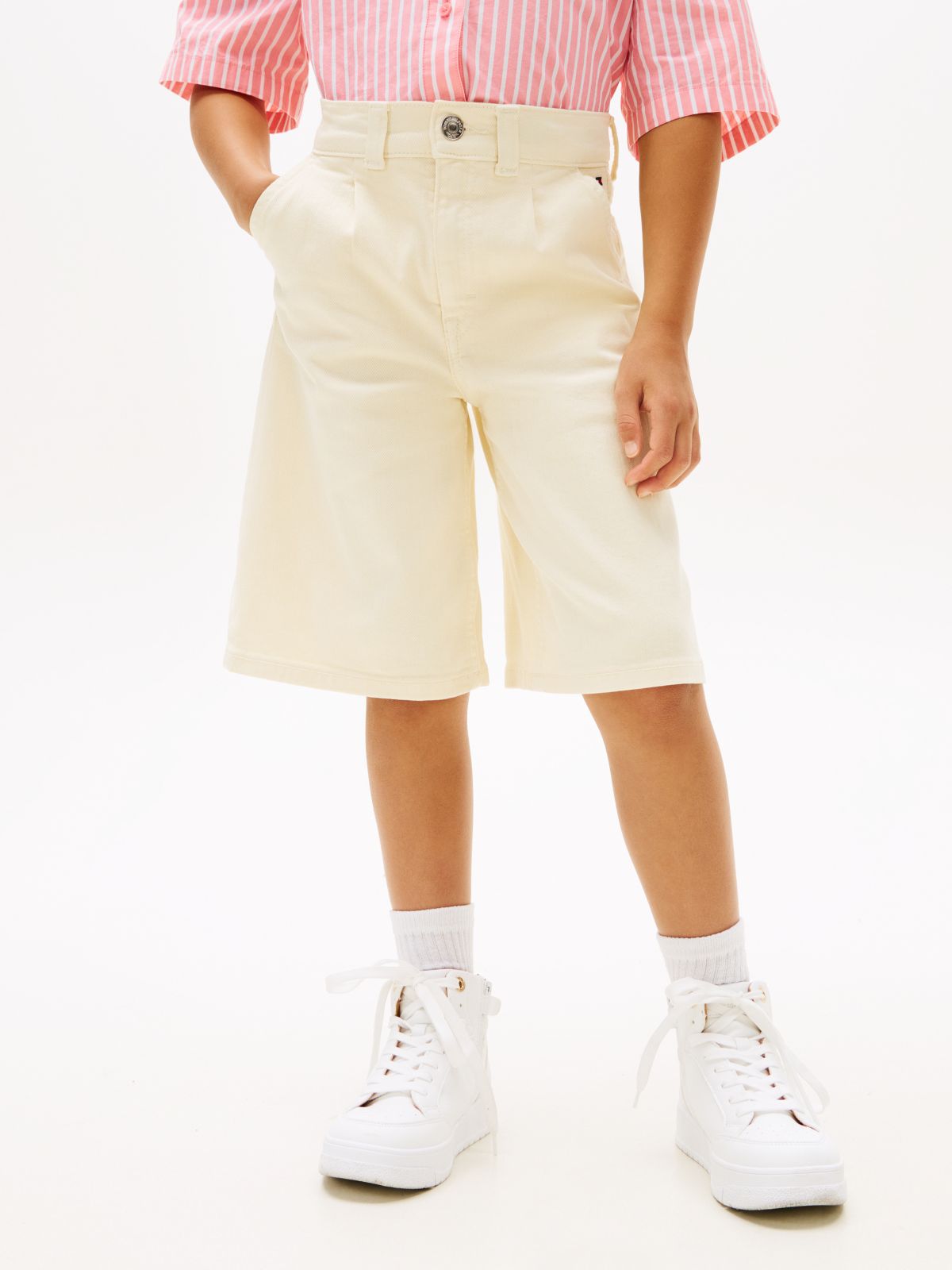 Mabel High Rise Wide Leg Denim Shorts — Beige