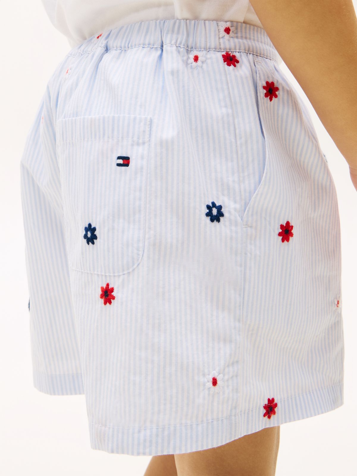 Floral Embroidery Wide Leg Shorts — Blue