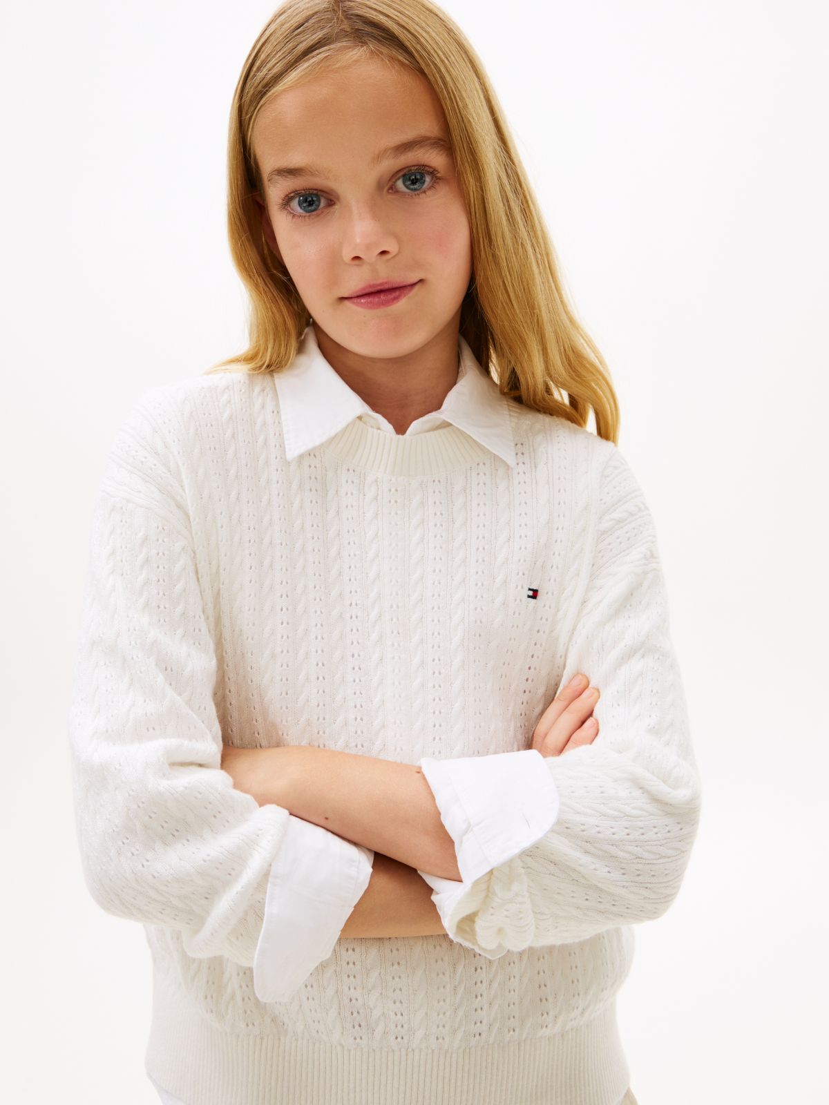 Pointelle Cable Knit Relaxed Jumper — White