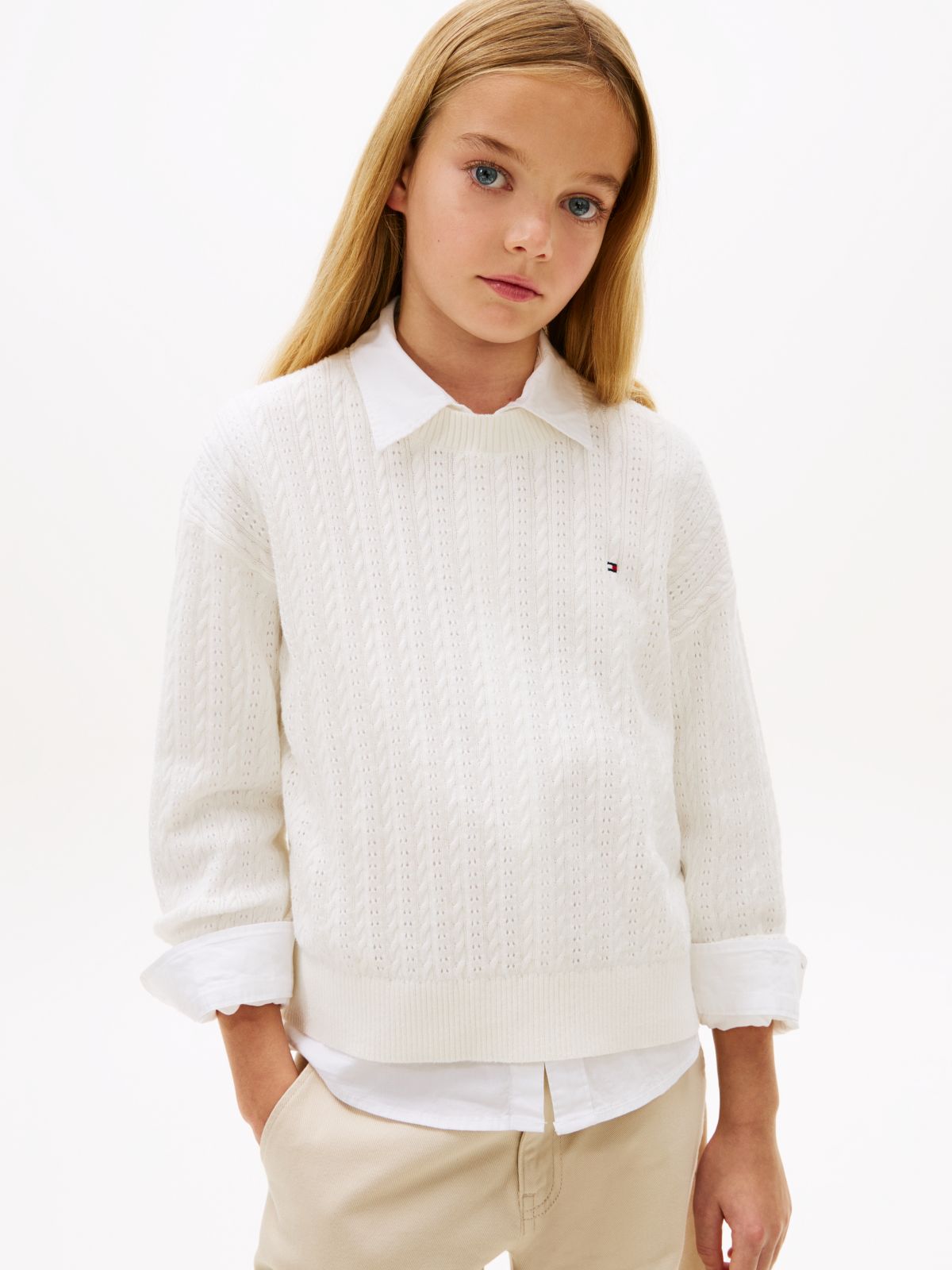 Pointelle Cable Knit Relaxed Jumper — White