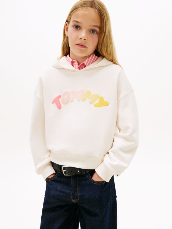 Textured Logo Relaxed Hoody — White