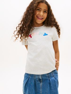 grey textured logo jersey crew neck t-shirt for girls tommy hilfiger