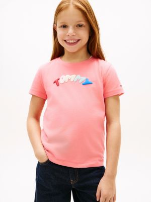 pink textured logo jersey crew neck t-shirt for girls tommy hilfiger