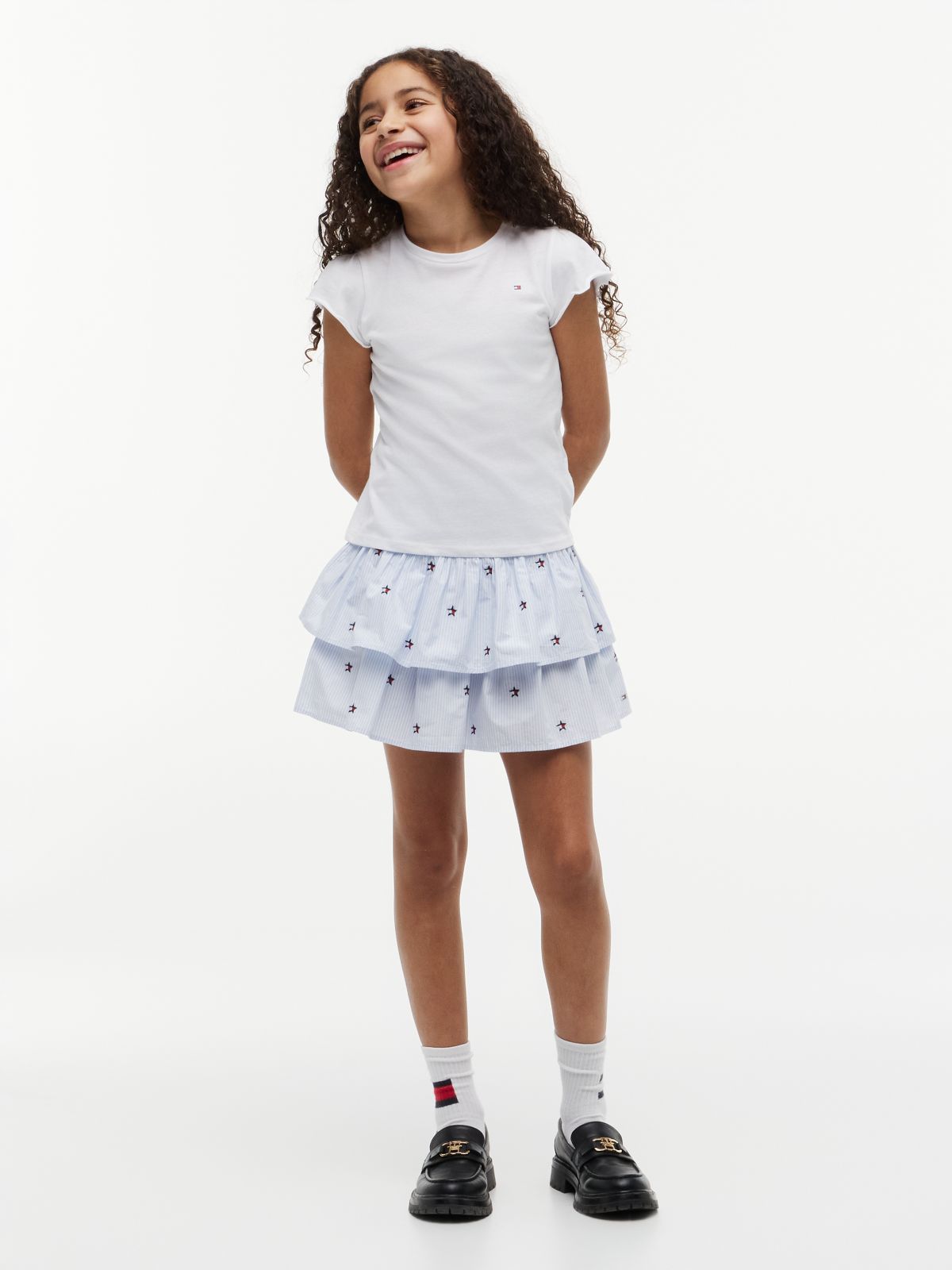 Star Flag Embroidery Stripe Tiered Skirt — Blue