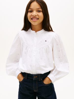white regular fit blouse met broderie anglaise voor meisjes - tommy hilfiger