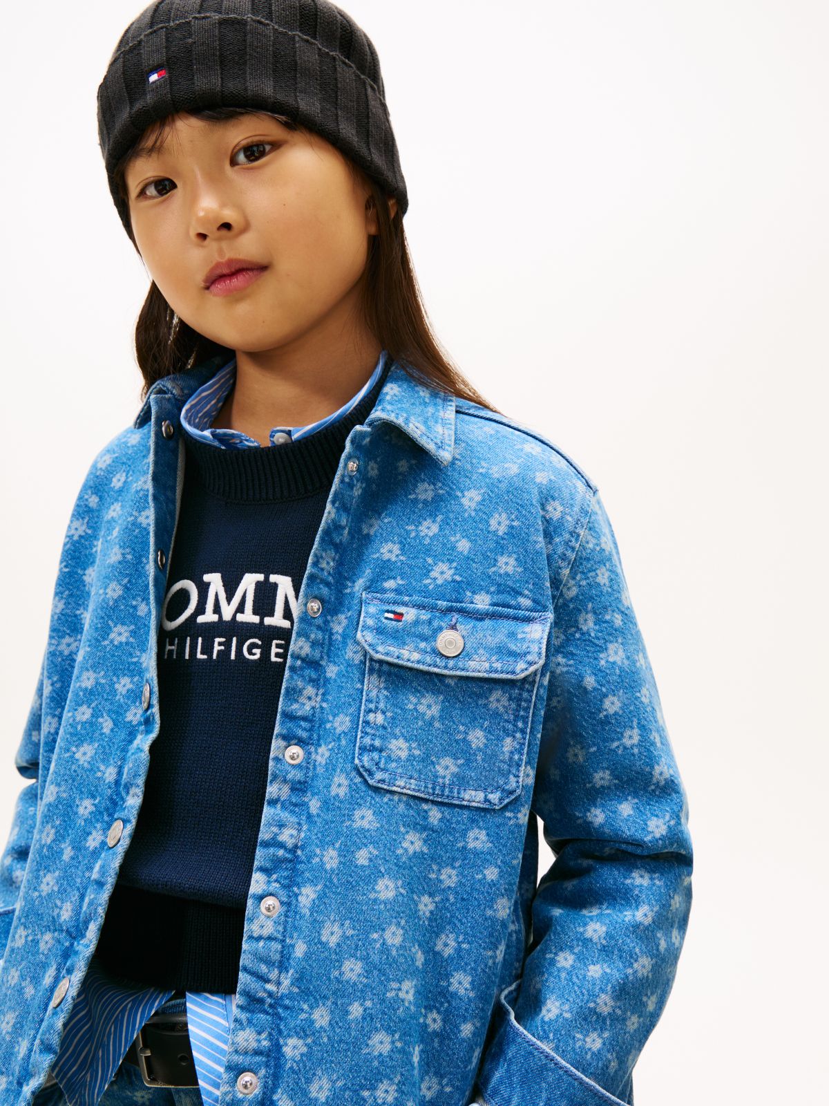 Relaxed Fit Floral Print Denim Overshirt — Blue