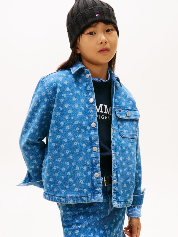 Relaxed Fit Floral Print Denim Overshirt — Blue