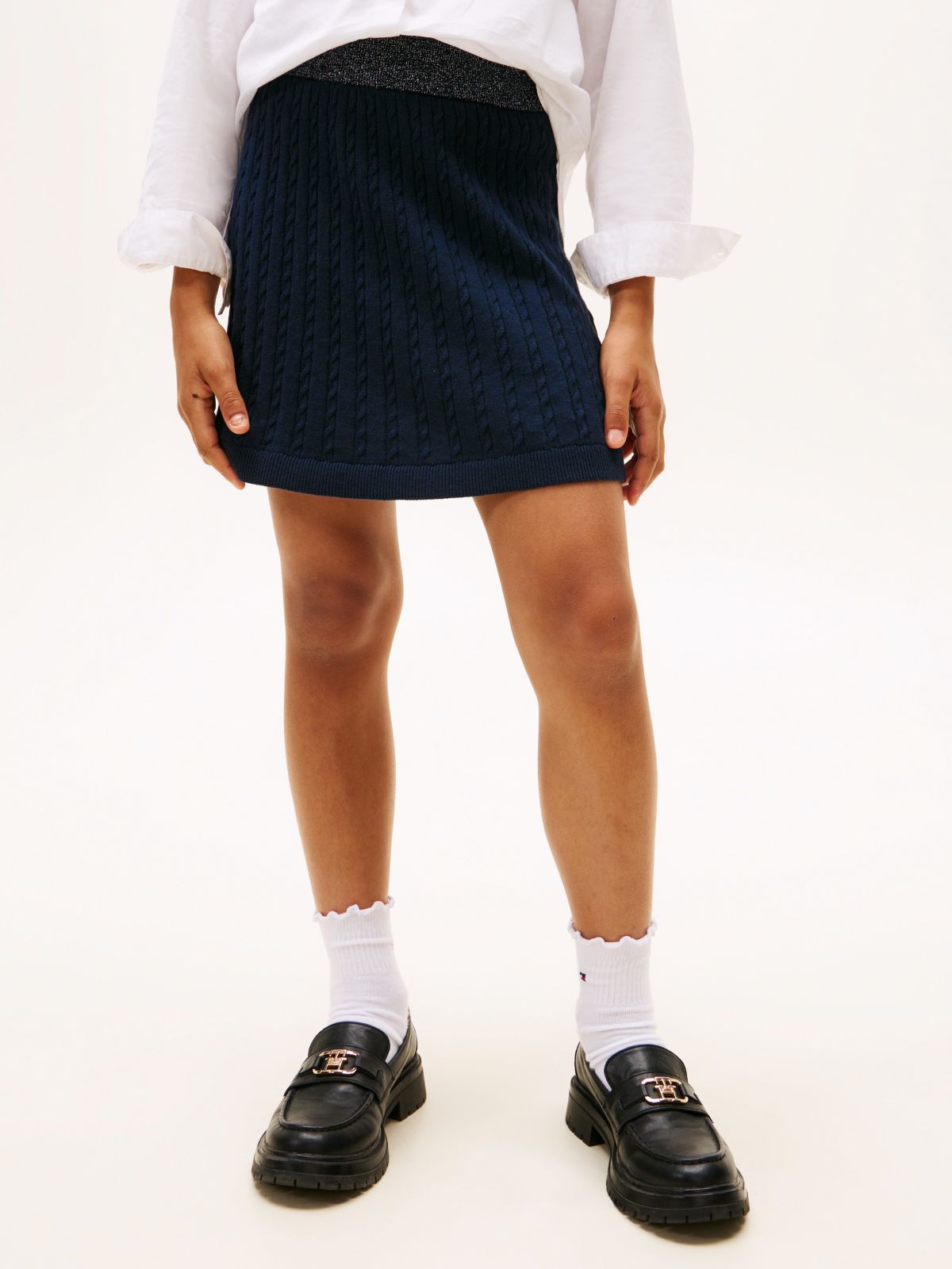Glitter Waistband Mini Cable Knit Skirt — Blue
