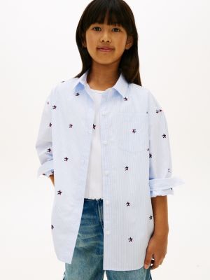 blue regular fit gestreept overhemd met borduursel voor meisjes - tommy hilfiger