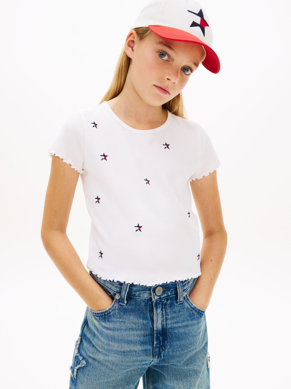 Star Flag Embroidery Extra Slim Top — White