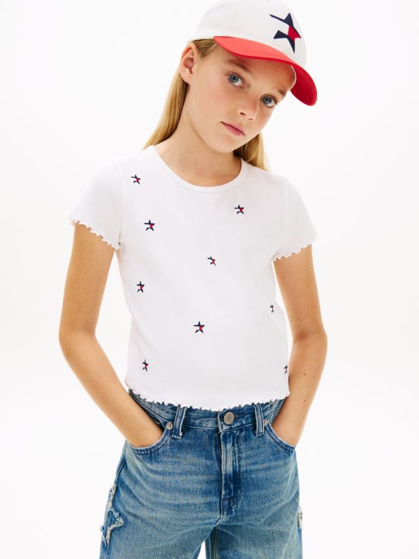 Star Flag Embroidery Extra Slim Top — White