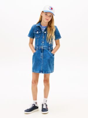 blue kurzarm-truckerkleid aus denim für mädchen - tommy hilfiger