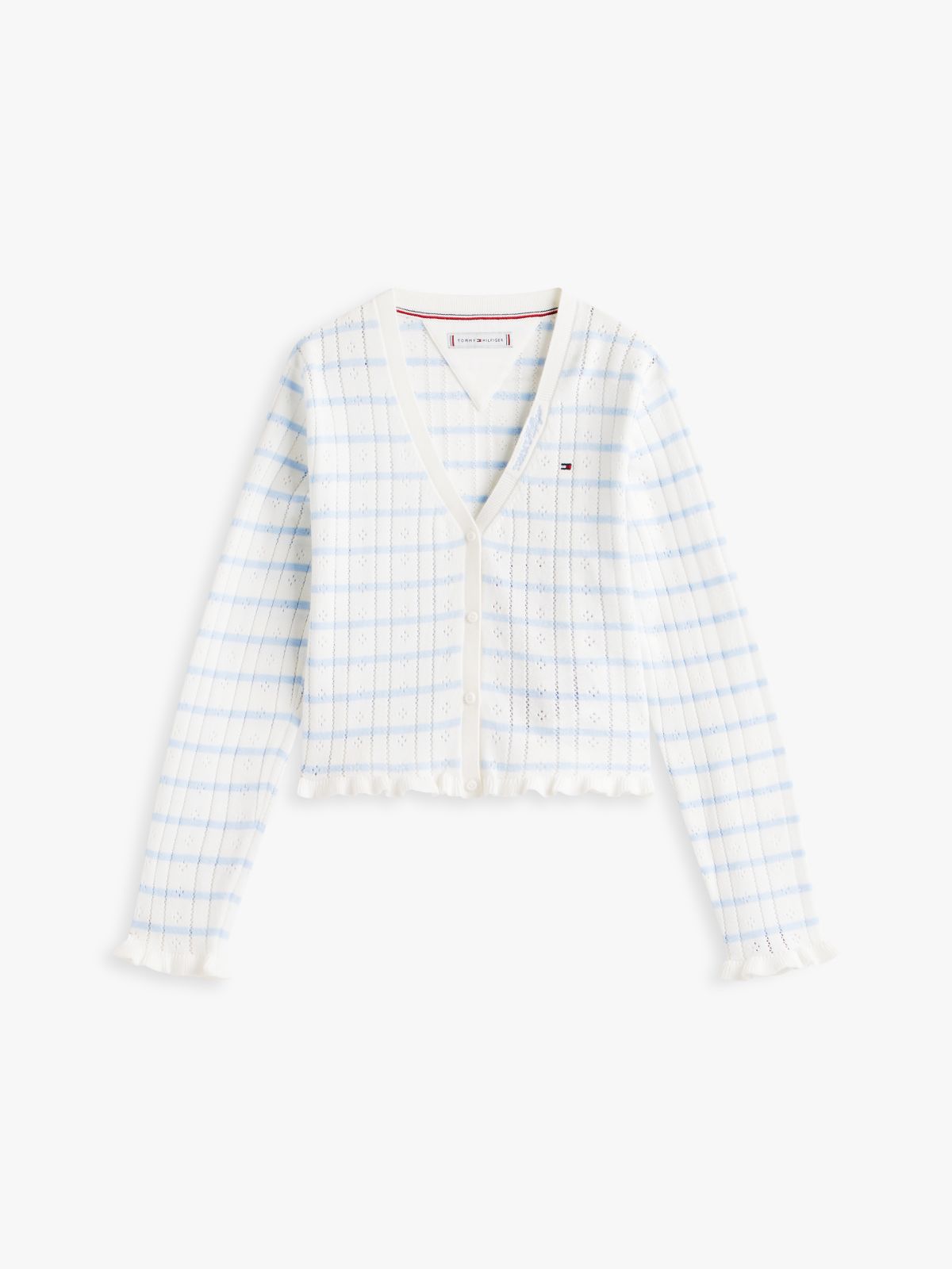 Pointelle Ruffle Trim V-Neck Cardigan — White