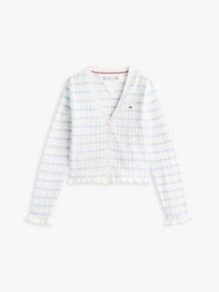 Pointelle Ruffle Trim V-Neck Cardigan — White 5