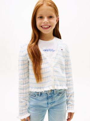 white pointelle ruffle trim v-neck cardigan for girls tommy hilfiger