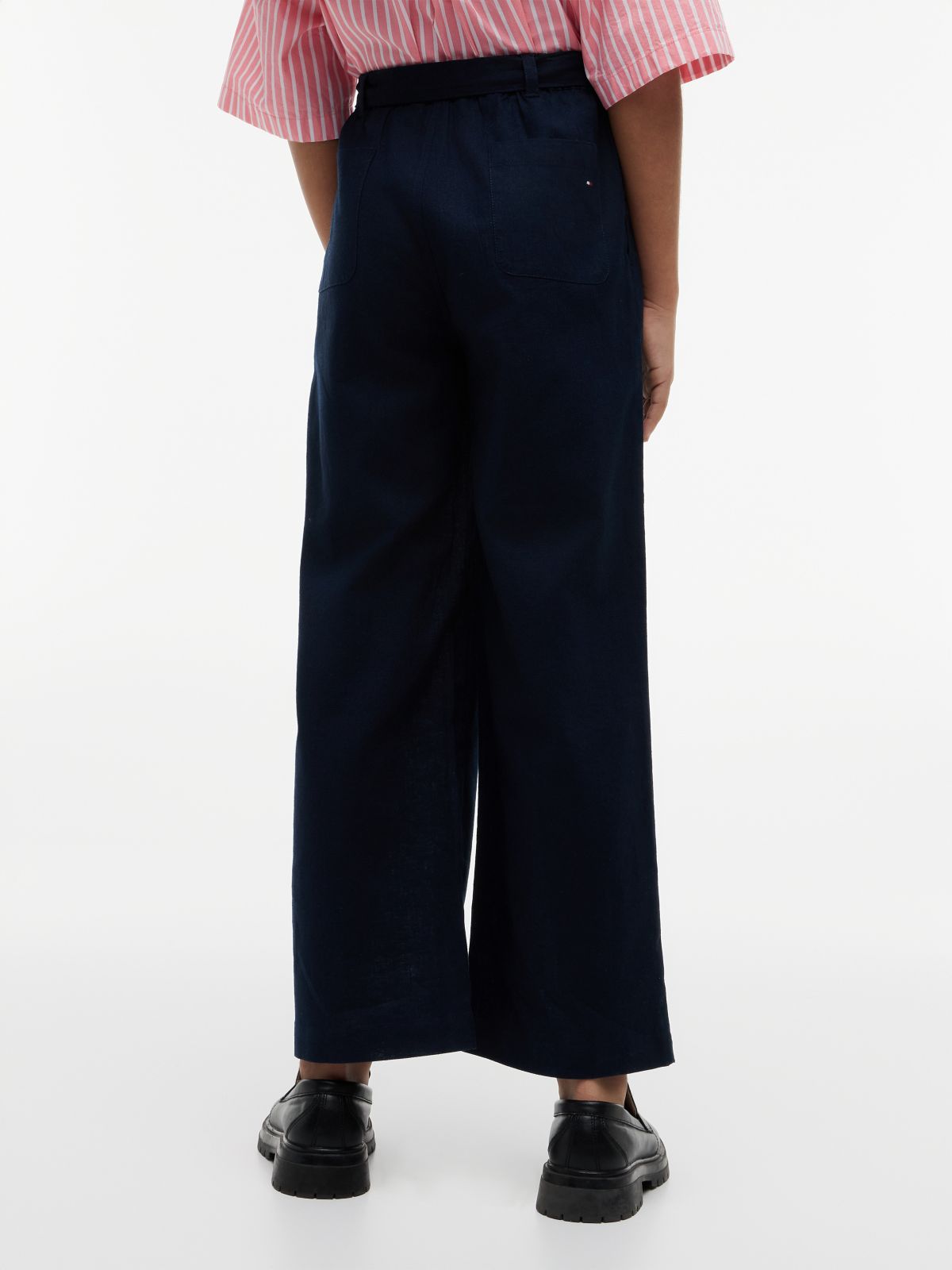 Belted Wide Leg Linen Blend Trousers — Blue