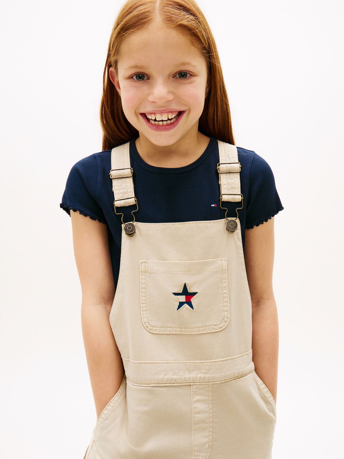 Star Logo Wide Leg Twill Dungarees — Beige