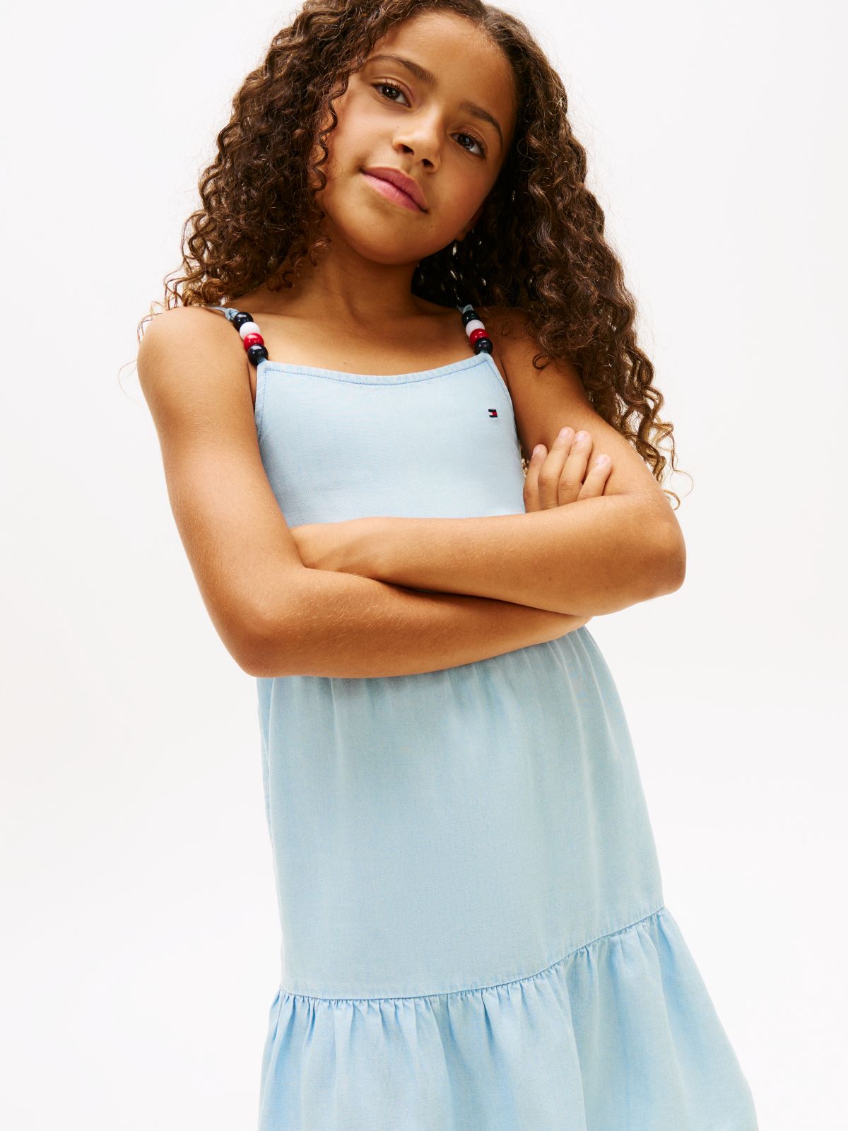 Beaded Strap Twill Tiered Dress — Blue