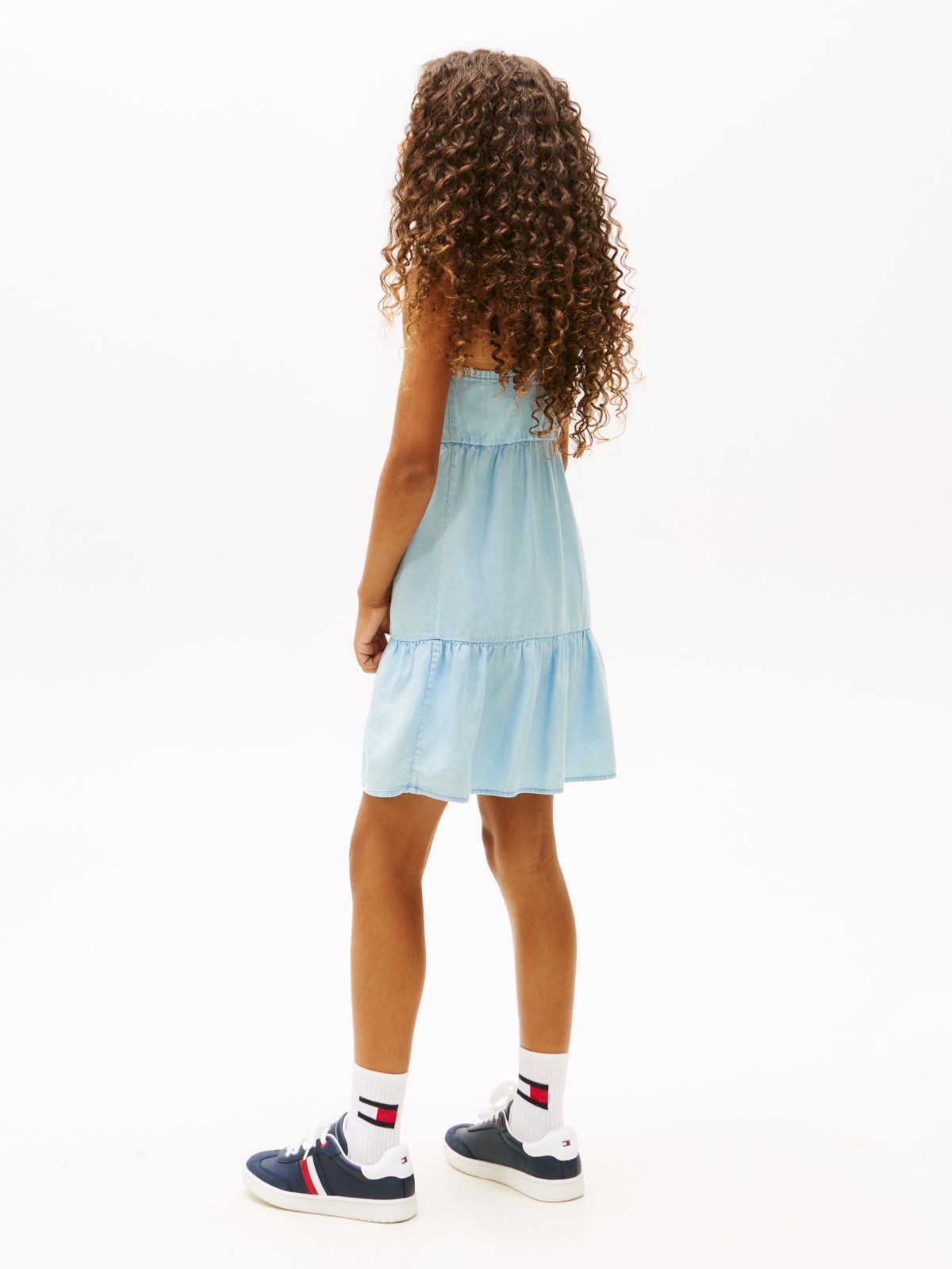 Beaded Strap Twill Tiered Dress — Blue