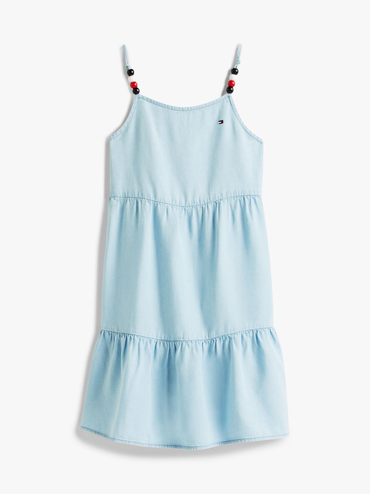 Beaded Strap Twill Tiered Dress — Blue