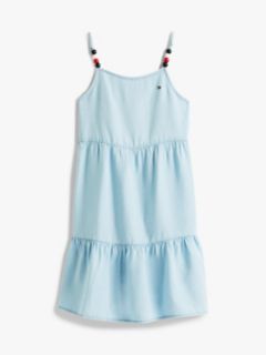 Beaded Strap Twill Tiered Dress — Blue 5