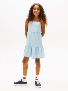 Beaded Strap Twill Tiered Dress — Blue 1