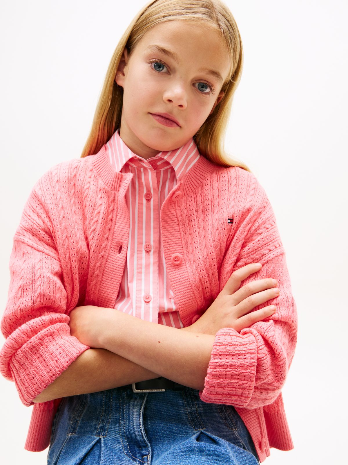 Pointelle Cable Knit Relaxed Cardigan — Pink