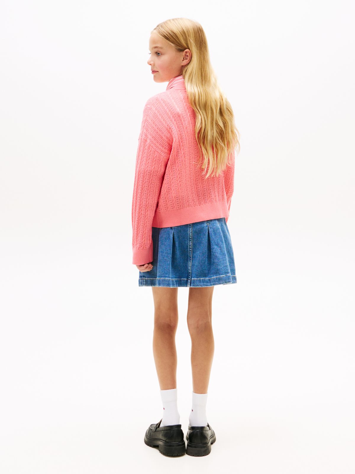 Pointelle Cable Knit Relaxed Cardigan — Pink