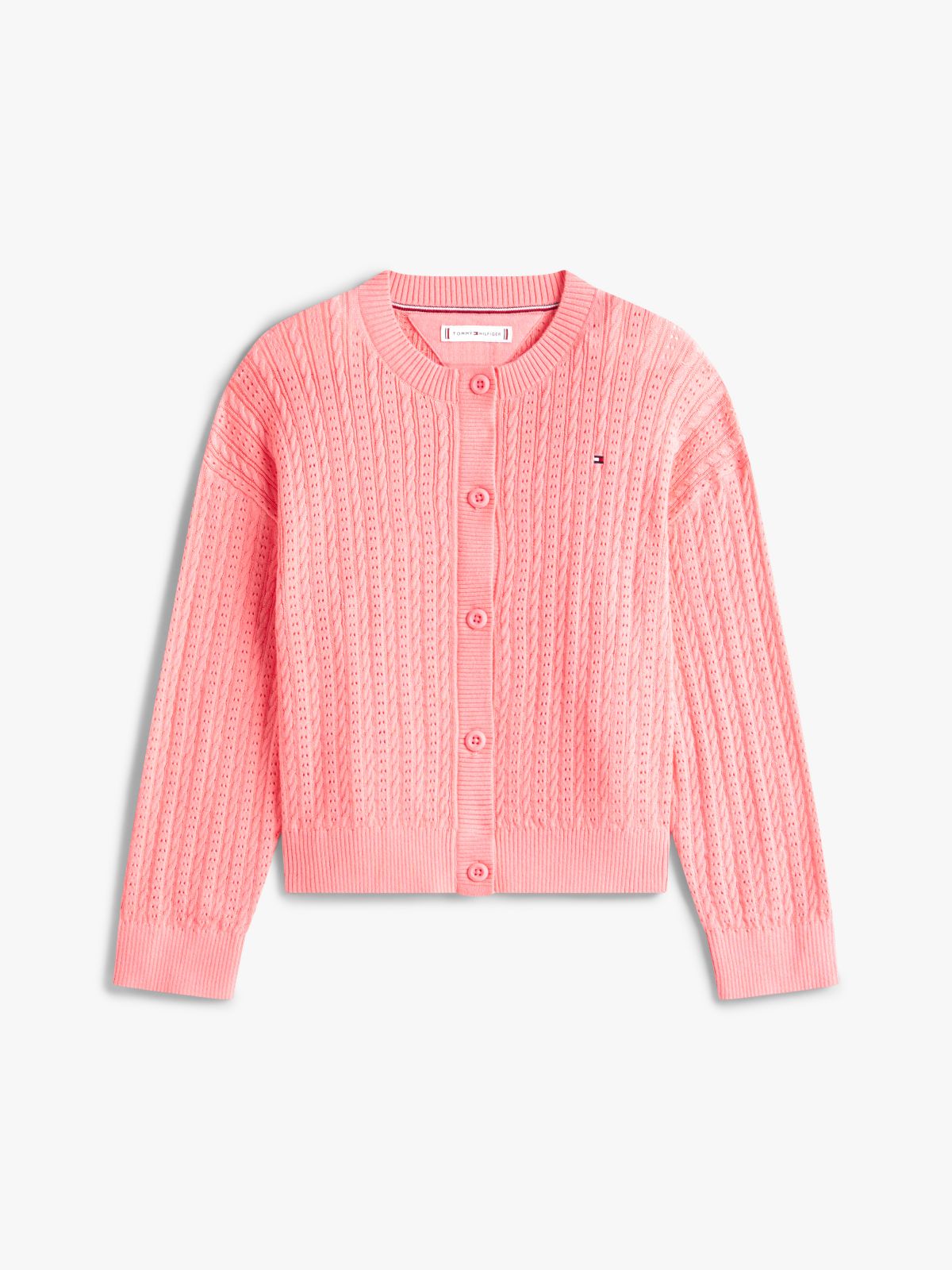 Pointelle Cable Knit Relaxed Cardigan — Pink