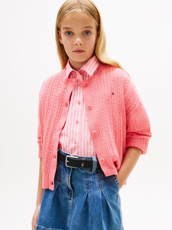 Pointelle Cable Knit Relaxed Cardigan — Pink