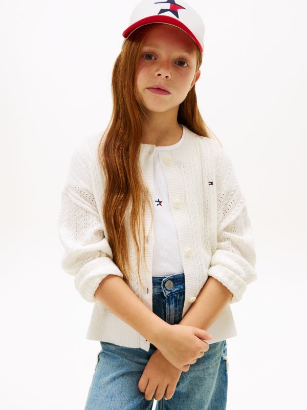 Pointelle Cable Knit Relaxed Cardigan — White