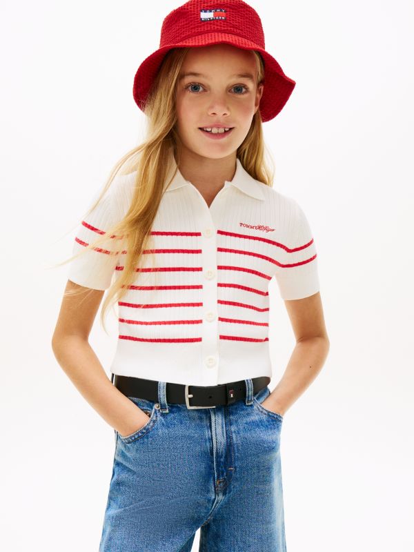 Logo Embroidery Short Sleeve Polo Cardigan — Red
