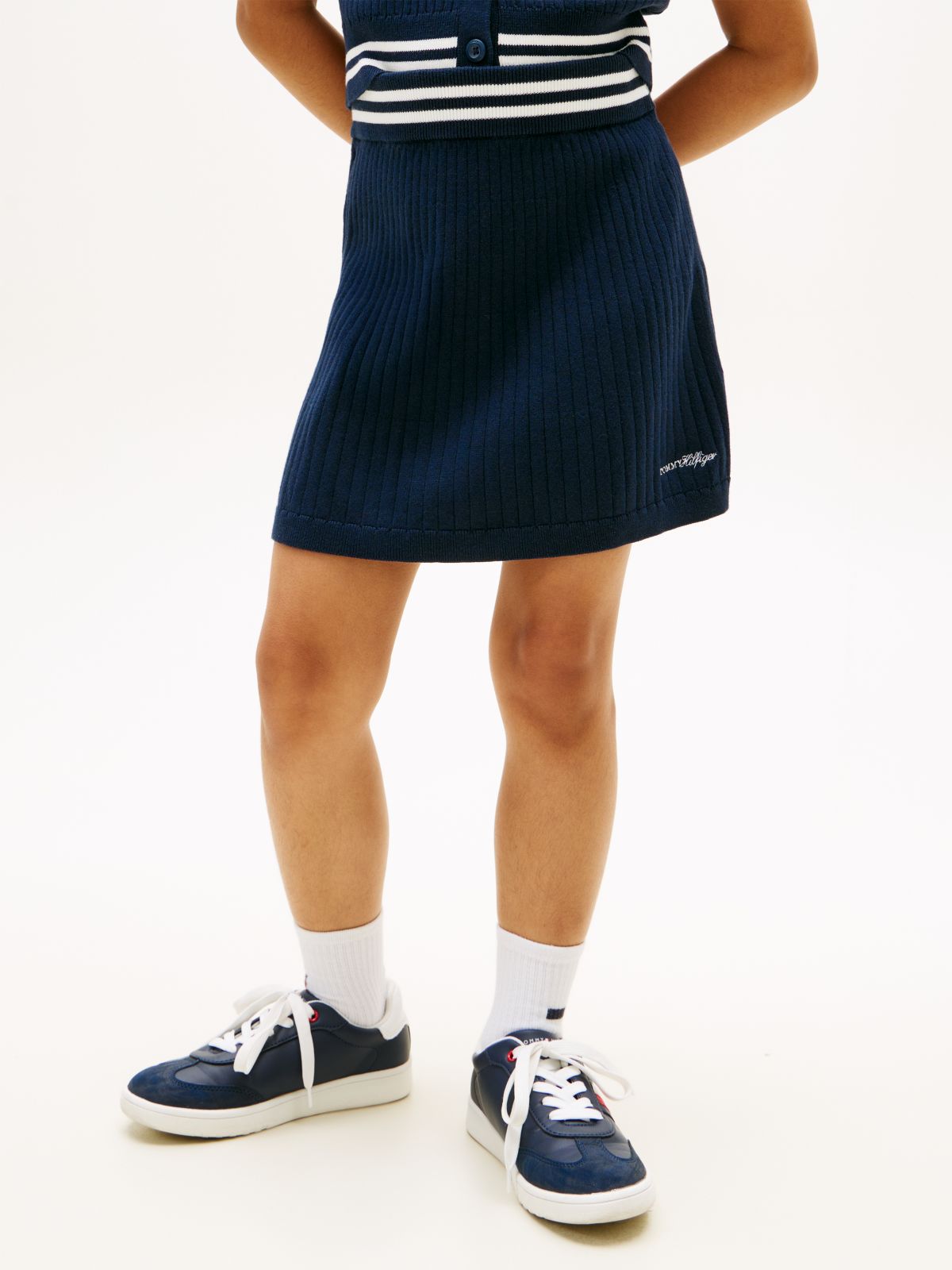 Logo Embroidery Rib-Knit Skirt — Blue