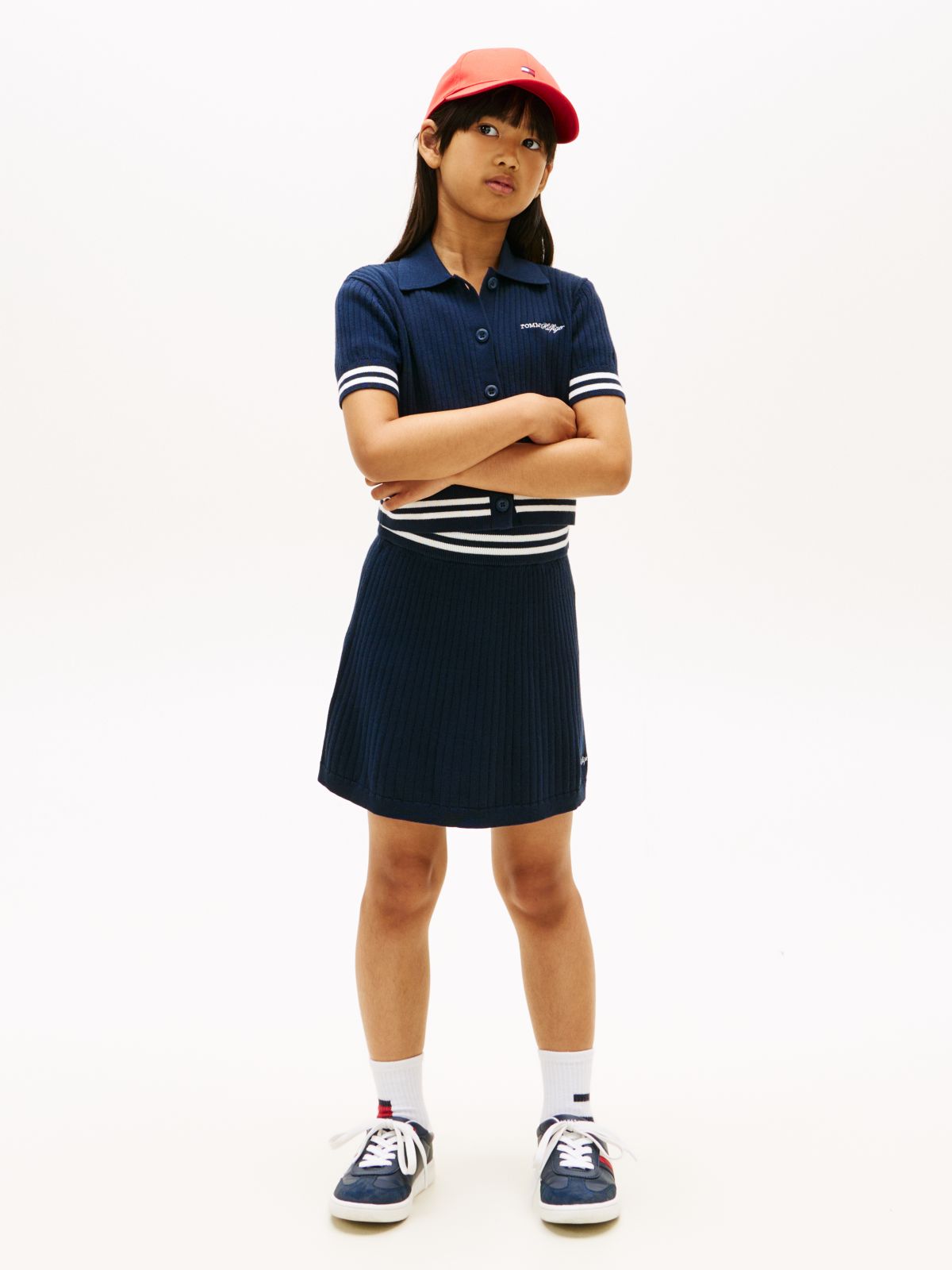 Logo Embroidery Rib-Knit Skirt — Blue