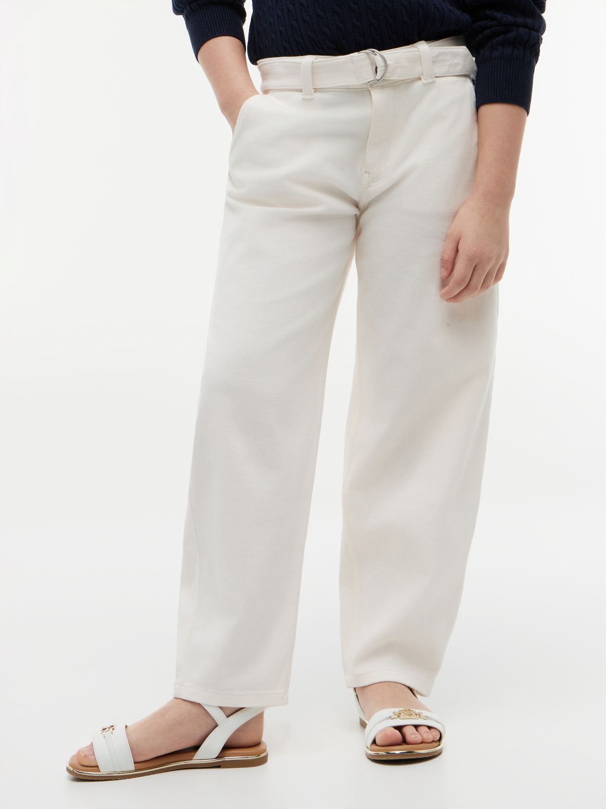 Essential Barrel Leg Belted Twill Trousers — Beige