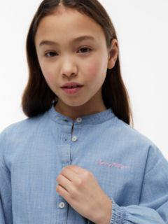 Relaxed Fit Logo Embroidery Chambray Shirt — Blue 3