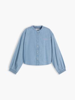 Relaxed Fit Logo Embroidery Chambray Shirt — Blue 5