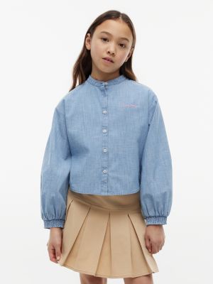 blue relaxed fit logo embroidery chambray shirt for girls tommy hilfiger
