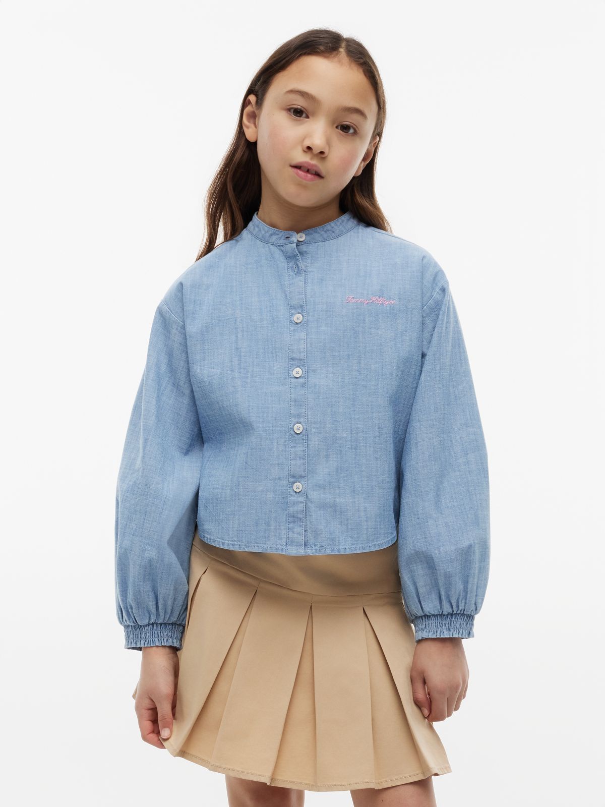 Relaxed Fit Logo Embroidery Chambray Shirt — Blue