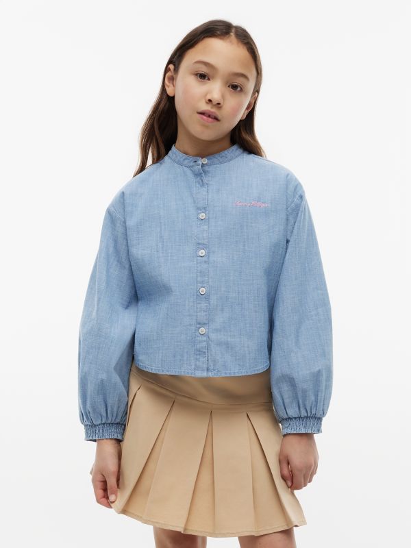 Relaxed Fit Logo Embroidery Chambray Shirt — Blue