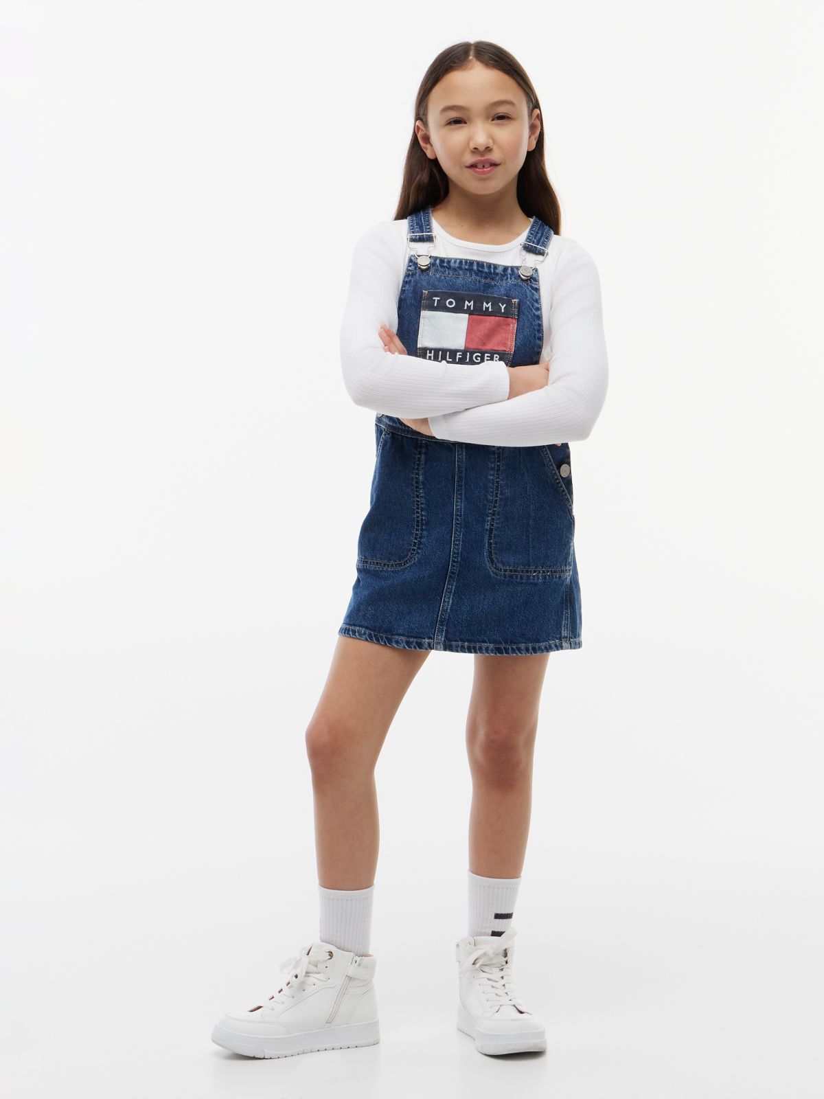 Heritage Logo Pocket Denim Dungaree Dress — Blue
