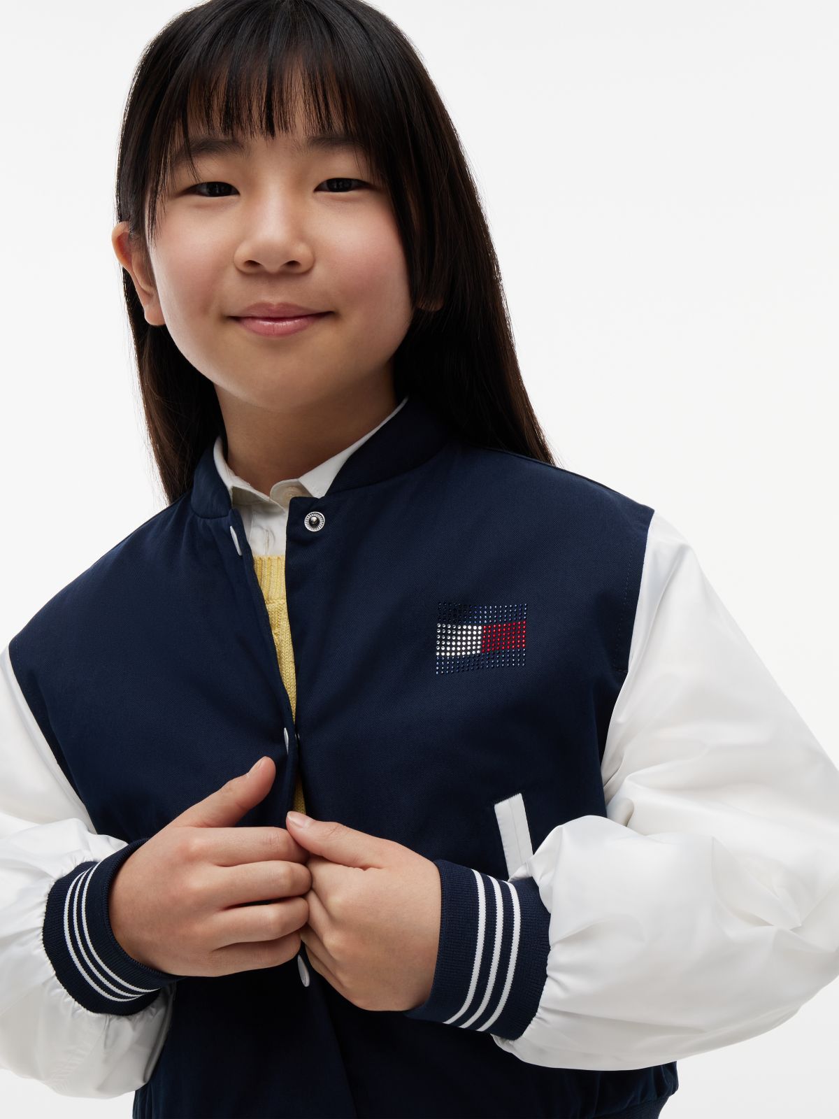 Rhinestone Flag Relaxed Bomber Jacket — Blue
