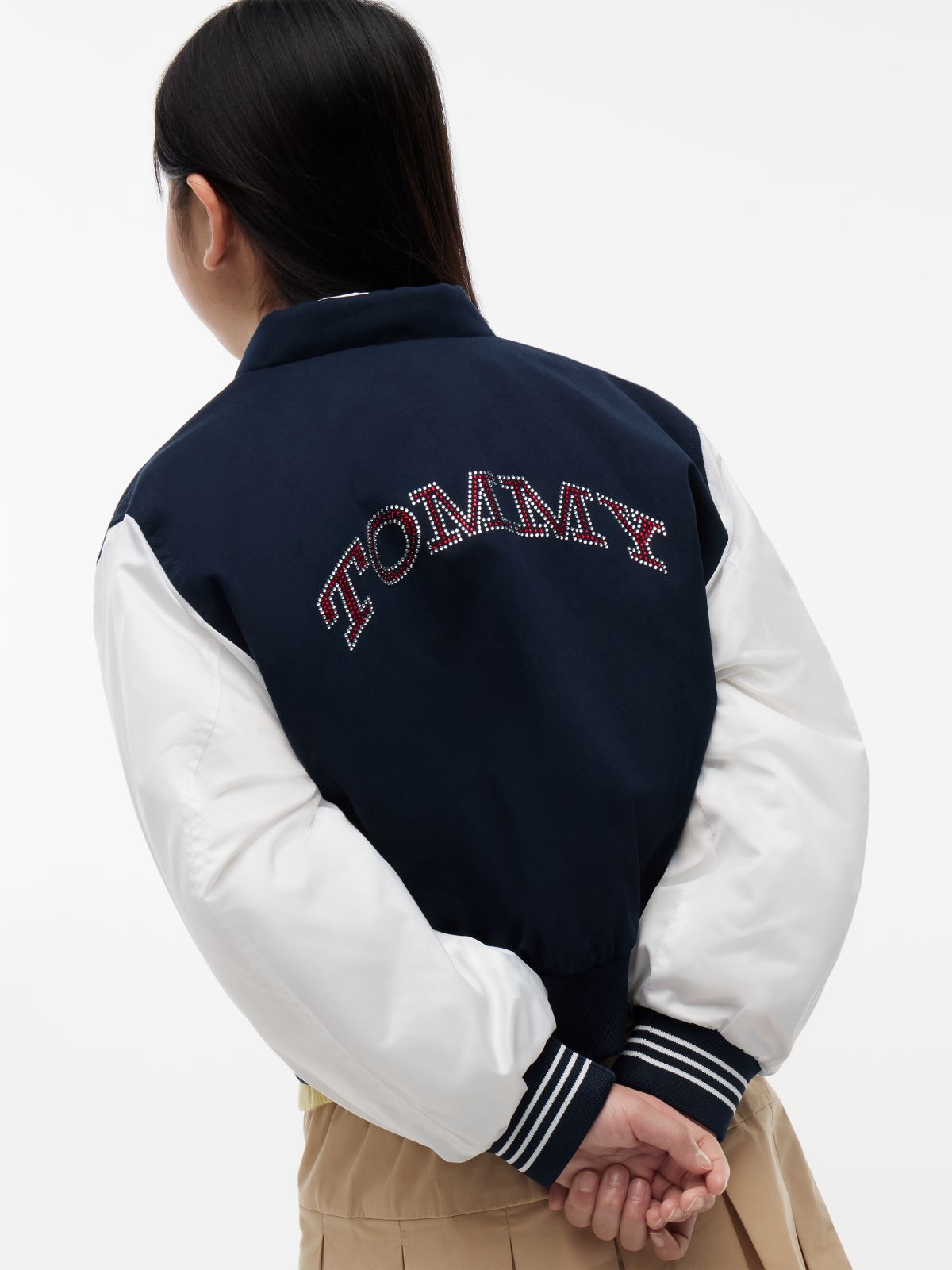 Rhinestone Flag Relaxed Bomber Jacket — Blue