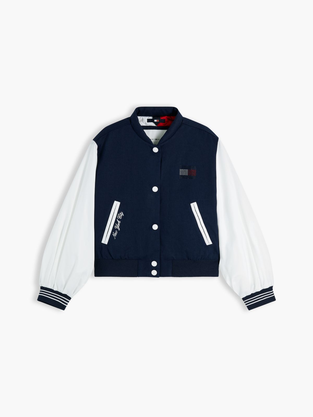 Rhinestone Flag Relaxed Bomber Jacket — Blue