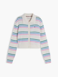 Cable Knit Slim Polo Cardigan — White 5