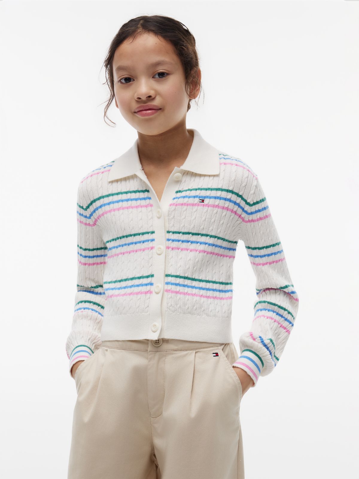 Cable Knit Slim Polo Cardigan — White