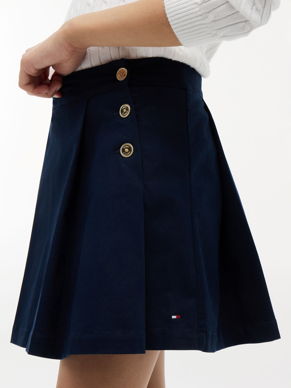 Gold-Tone Button Pleated Skirt — Blue