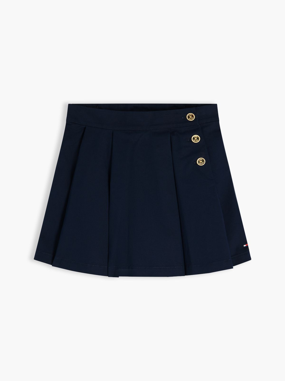Gold-Tone Button Pleated Skirt — Blue