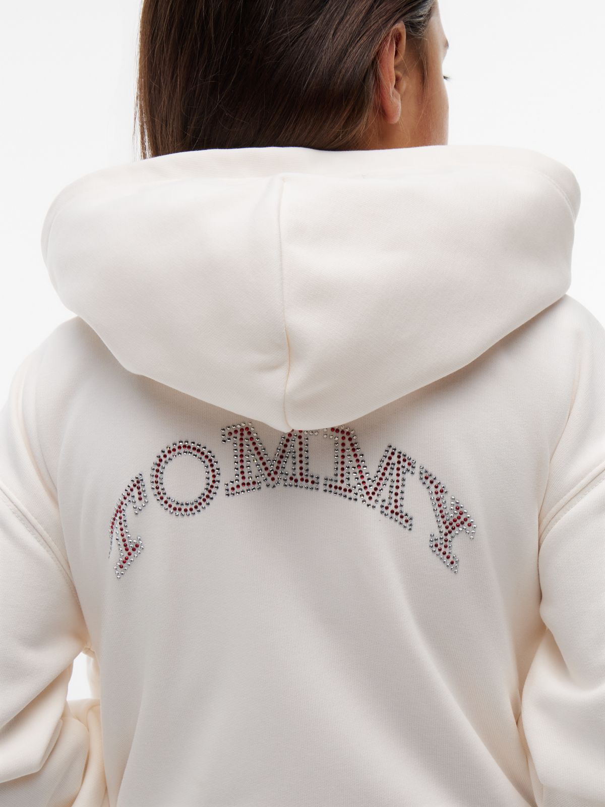 Rhinestone Flag Relaxed Zip-Thru Hoody — Beige