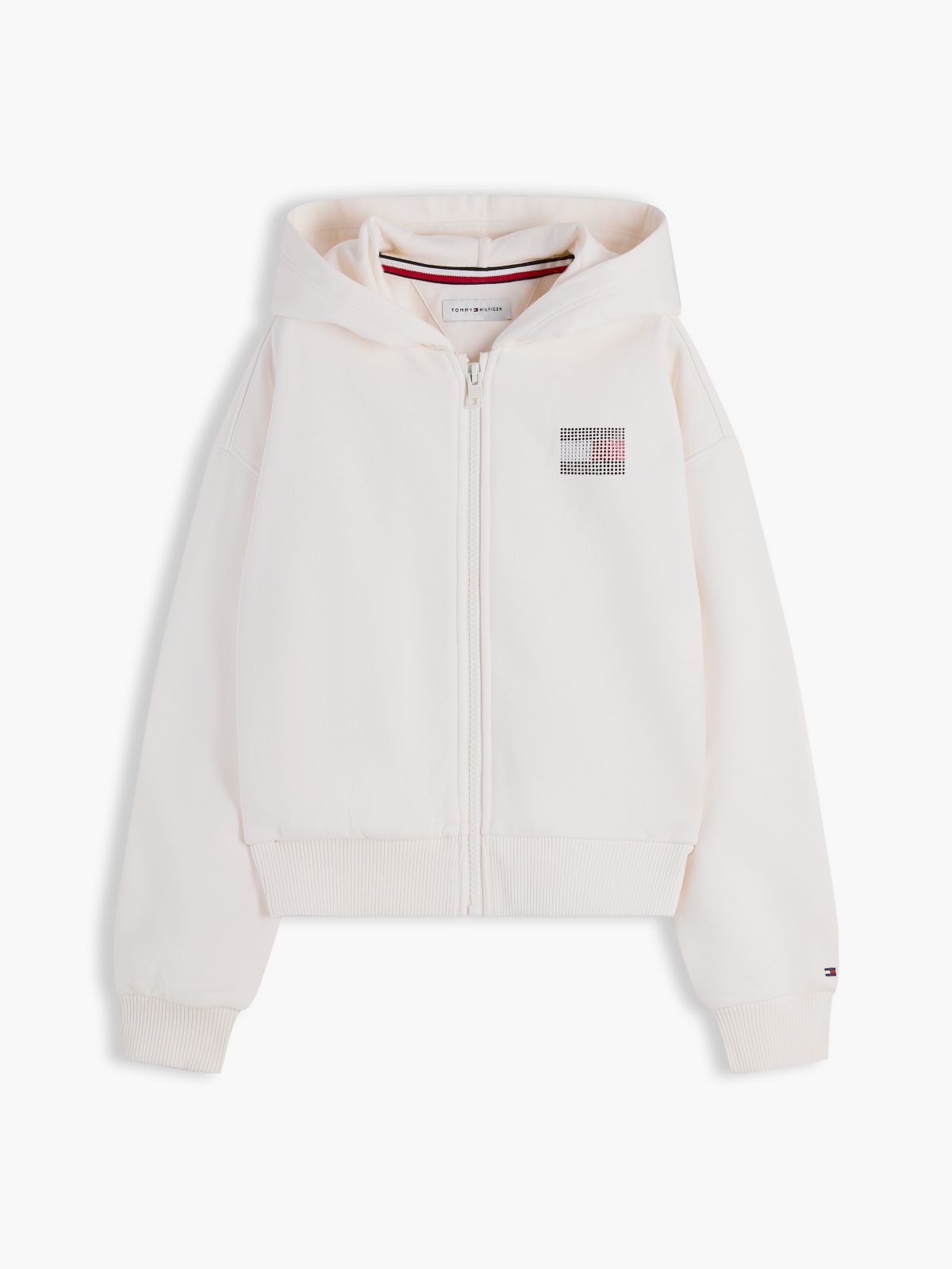 Rhinestone Flag Relaxed Zip-Thru Hoody — Beige